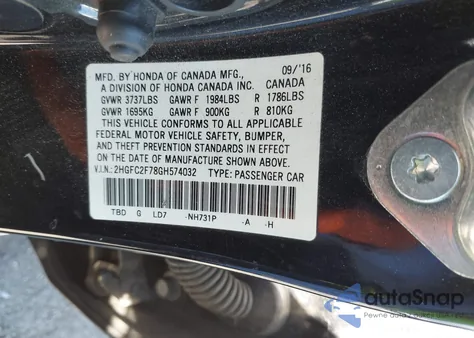 2016 Honda Civic Ex from USA, damaged, VIN 2HGFC2F78GH574032